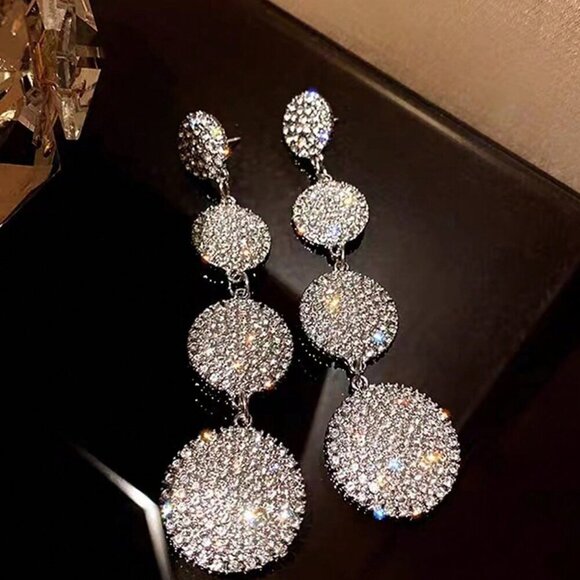 gold or silver toned Women's Luxury Rhinestone Round Long dangling Earrings - Picture 5 of 10